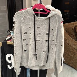 grey distressed knit sweater with hood